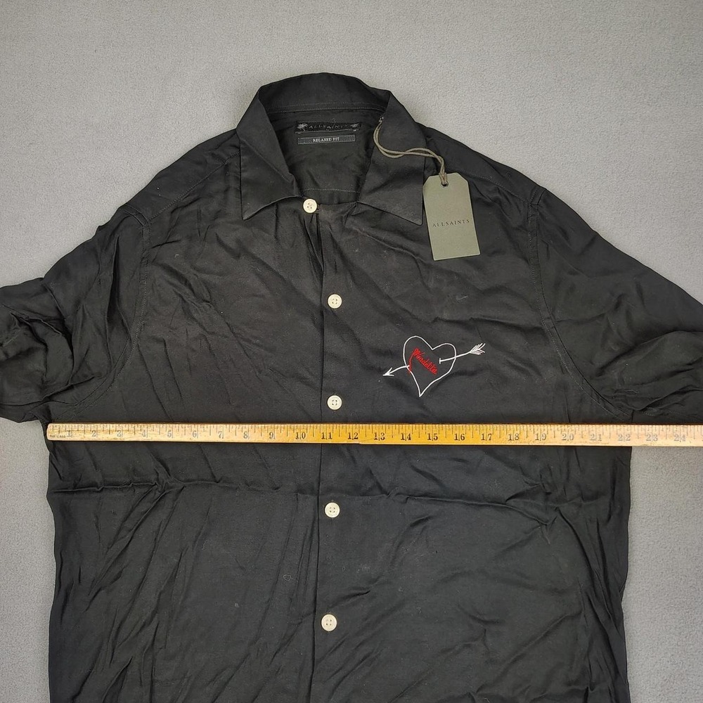 ALL SAINTS Button Up Camp Shirt Men Medium Black Embroidered Vendetta Loop Colla - Picture 4 of 8